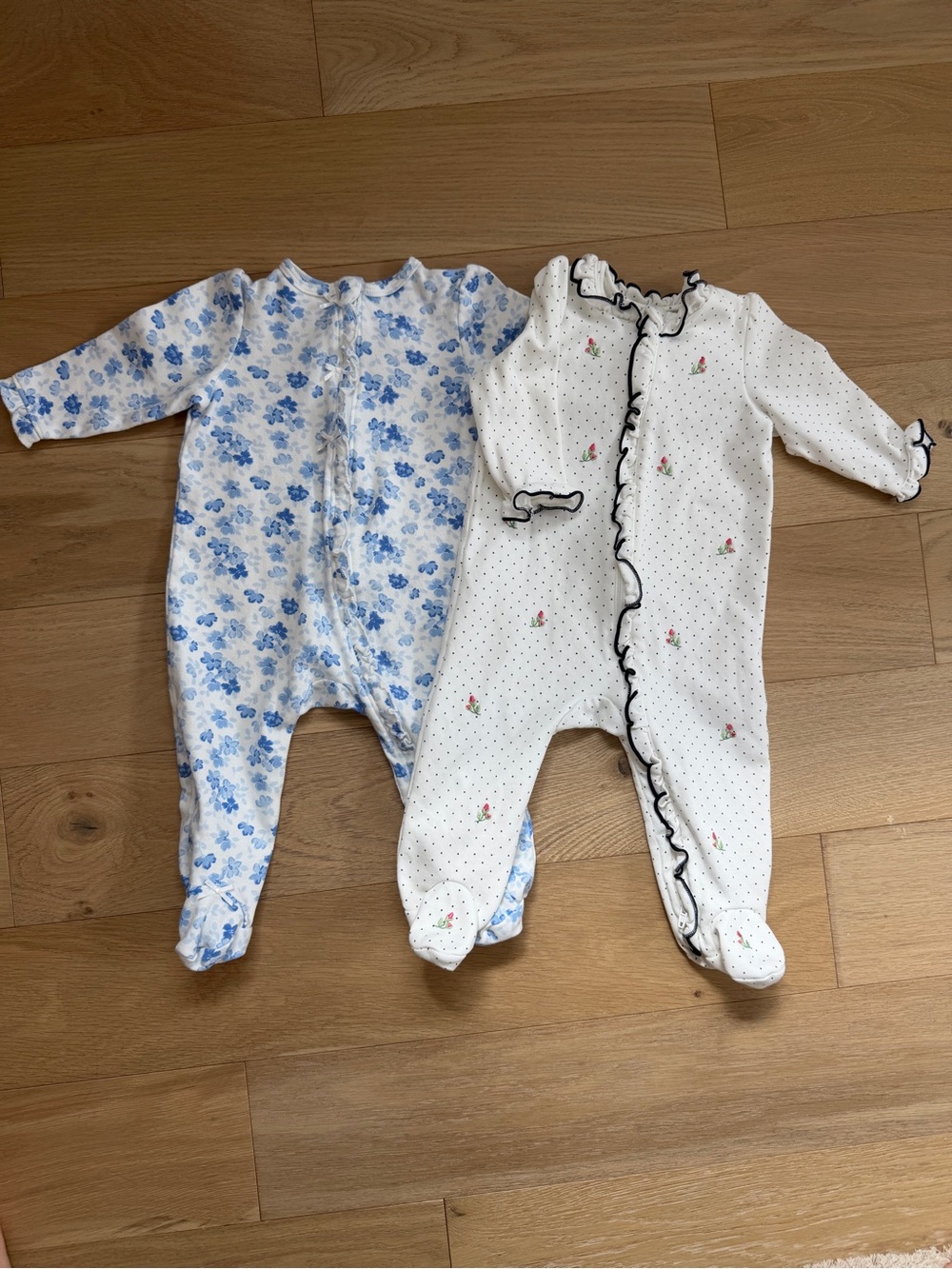 Little Me Blue Floral and White Dot Ruffle Footie Set